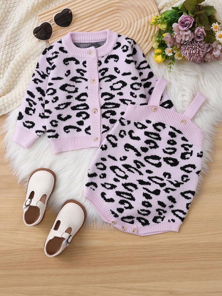 Baby Girls' Leopard Pattern Button Up Cardigan And Knitted Cami Romper Set