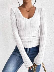 SHEIN Frenchy Women's Ribbed V Neck Grain Fabric Basic Long Sleeve T-Shirt Winter White Casual Spring - White - View 5