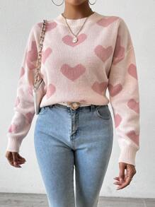 EMERY ROSE Suéter de cuello caído con estampado de corazón, tops de manga larga - Rosa - Ver 7
