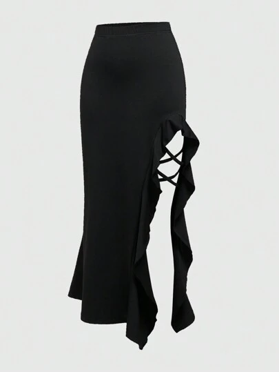 Goth Women's Ruffled Slit Hem Skirt