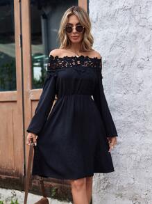 SHEIN Clasi Vestido De Manga Farol Decorado Con Encaje Y Hombros Descubiertos - Negro - Ver 4