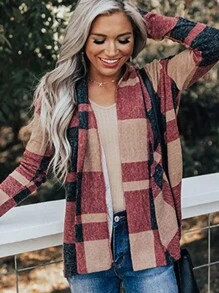 SHEIN LUNE Plaid Open Placket Jacket - Multicolor - View 5