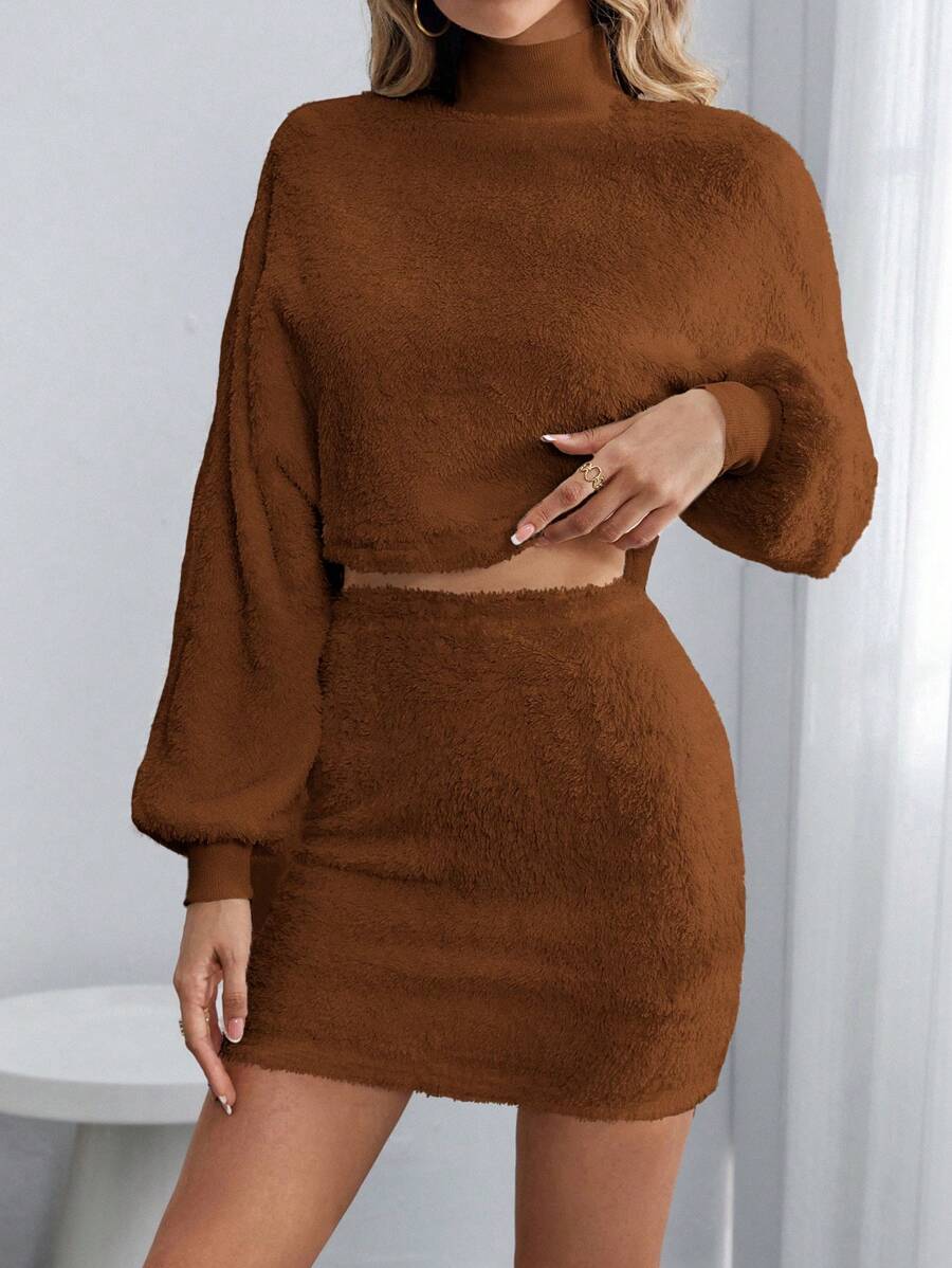 SHEIN Essnce Của phụ nữ Đứng cổ áo tay cánh Bộ đồ trên và váy - Rỉ Nâu - Xem 1
