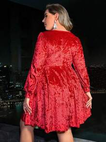 Flirla Plus Size Solid Color V-neck Long Sleeve Dress - Red - View 5