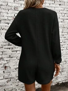 SHEIN LUNE 女款連結半門襟長袖連身褲 - 黑色 - 查看 3