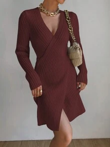 Chiquease Cross Wrap Ribbed Knit Sweater Dress - Burgundy - View 6