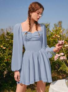 SHEIN MOD 女性綁帶領口蓬蓬袖奶媽裝連衣裙