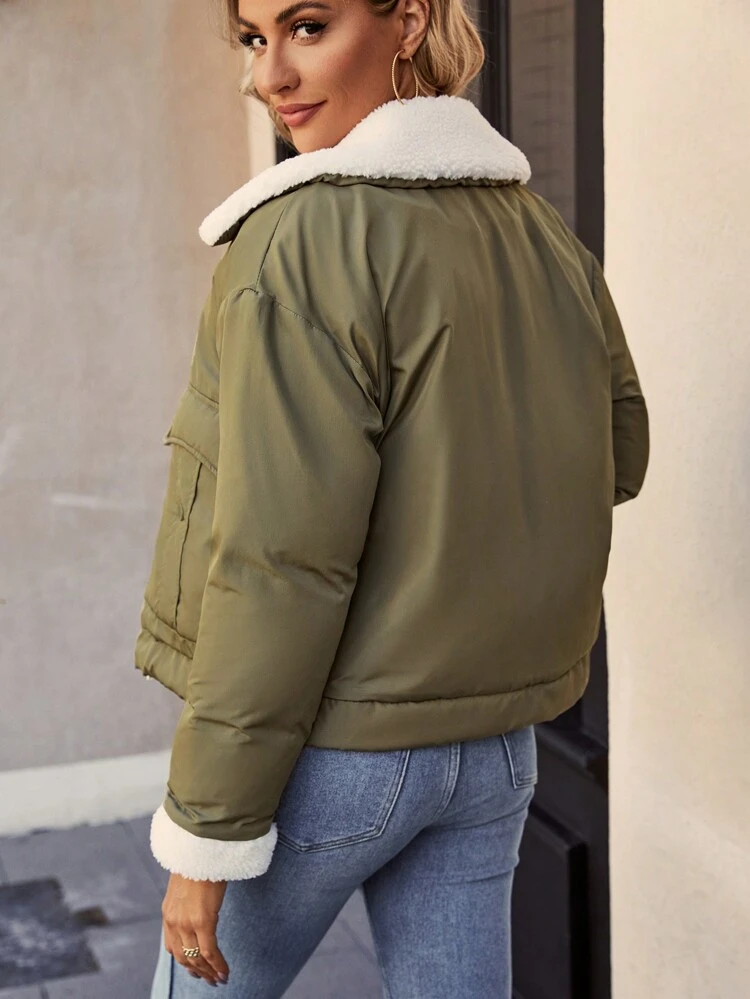 Fuzzy Collar & Cuffs Zipper Front Padded Padded Coat Clothes Winter Fall Cloth For Women