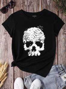 INAWLY Skull Hollow Out Pattern Printed Short Sleeve T-Shirt Graphic Tees Women Tops - Black - View 1