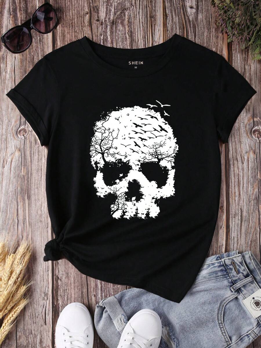 INAWLY Skull Hollow Out Pattern Printed Short Sleeve T-Shirt Graphic Tees Women Tops - Black - View 1