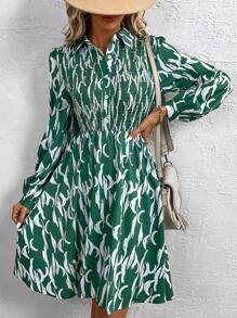SHEIN LUNE All-Over Printed Shirred Lantern Sleeve Dress - Multicolor - View 3