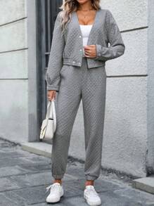 SHEIN LUNE Ladies' Button Front Jacket And Pants Set - Grey - View 3