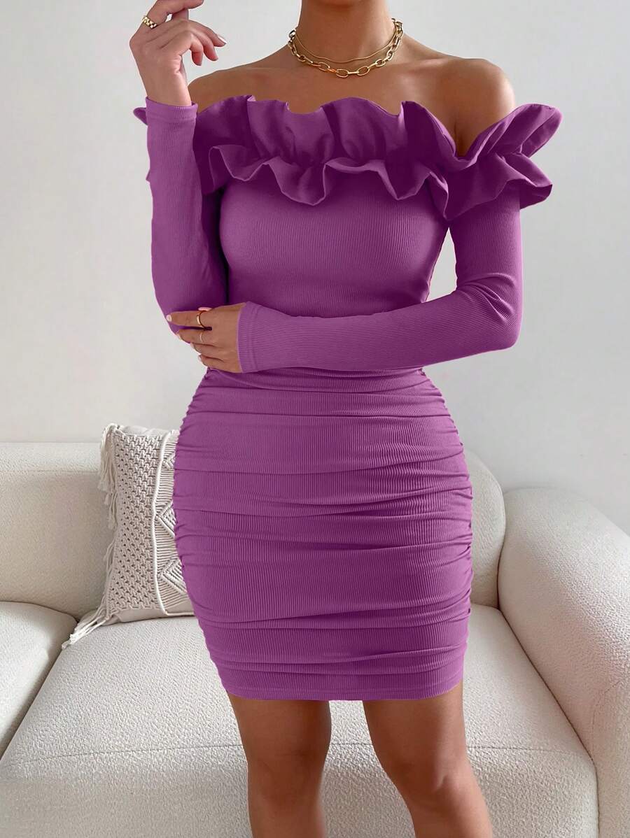 SHEIN Privé Váy ôm sát xếp nếp xếp nếp phóng đại hở vai - Màu tím  Violet - Xem 1
