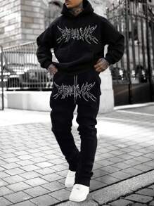 Manfinity LEGND Áo nỉ và quần nỉ nam in chữ, có túi kangaroo và dây rút. - màu đen - Xem 1