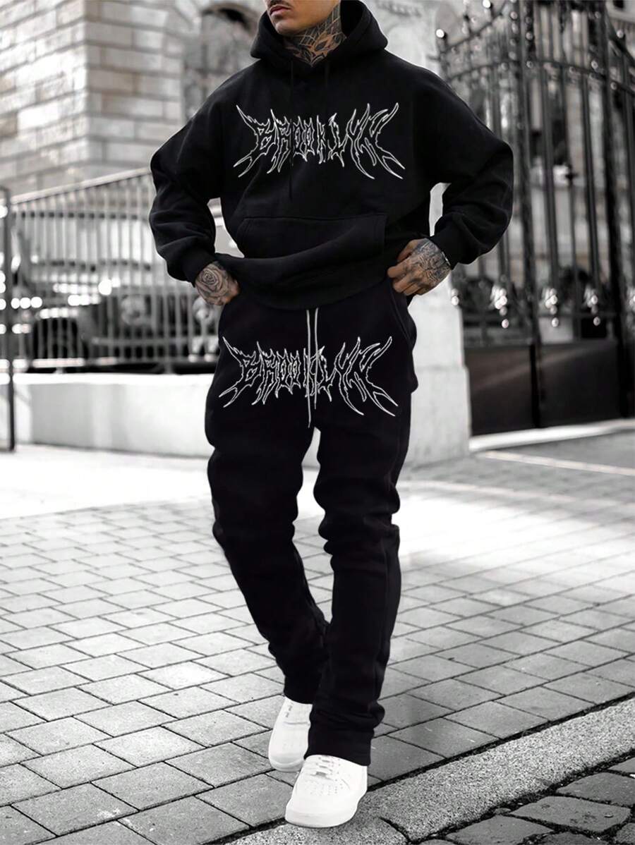 Manfinity LEGND Áo nỉ và quần nỉ nam in chữ, có túi kangaroo và dây rút. - màu đen - Xem 1