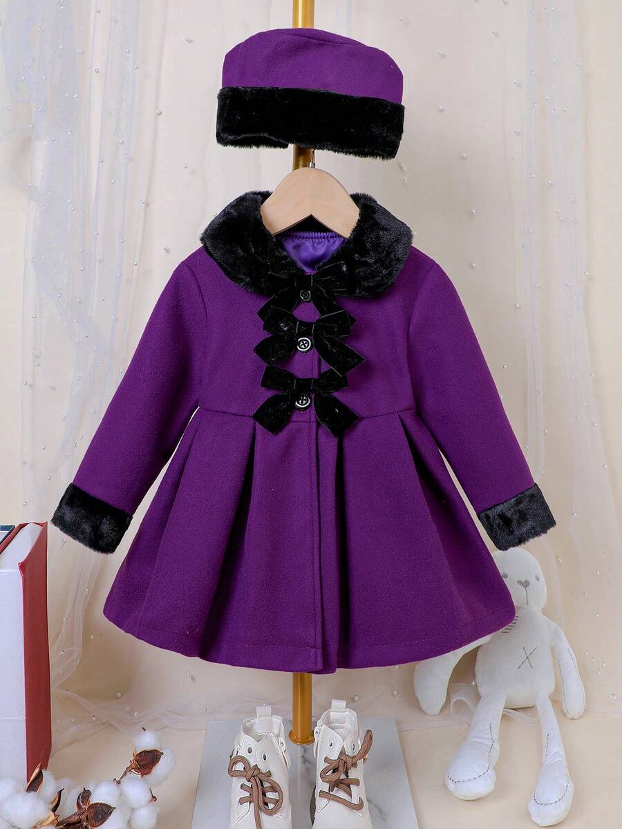 SHEIN 小女孩顏色塊夾克帶蝴蝶結裝飾和帽子 - 紫色 - 查看 1