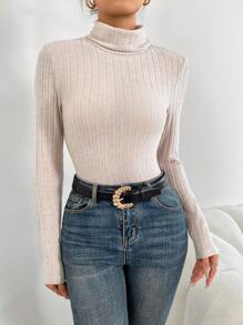 SHEIN PETITE 純色短領長袖連體衣 - 杏色 - 查看 6