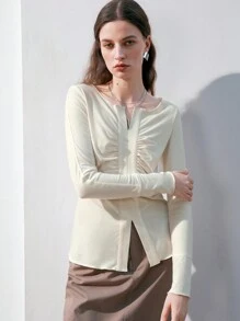 Anewsta Notched-neck Long Sleeve T-shirt