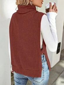 SHEIN Essnce Solid Color Split High Neck Tank Top - Burnt Orange - View 2