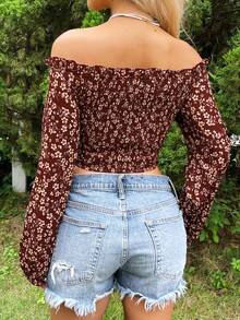 Soleia Off-the-shoulder Ruffle Trim Decor Lantern Sleeve Top - White - View 2