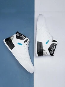 Men's High-Top Letter Embroidered Athletic Sneakers - Black and White - View 4