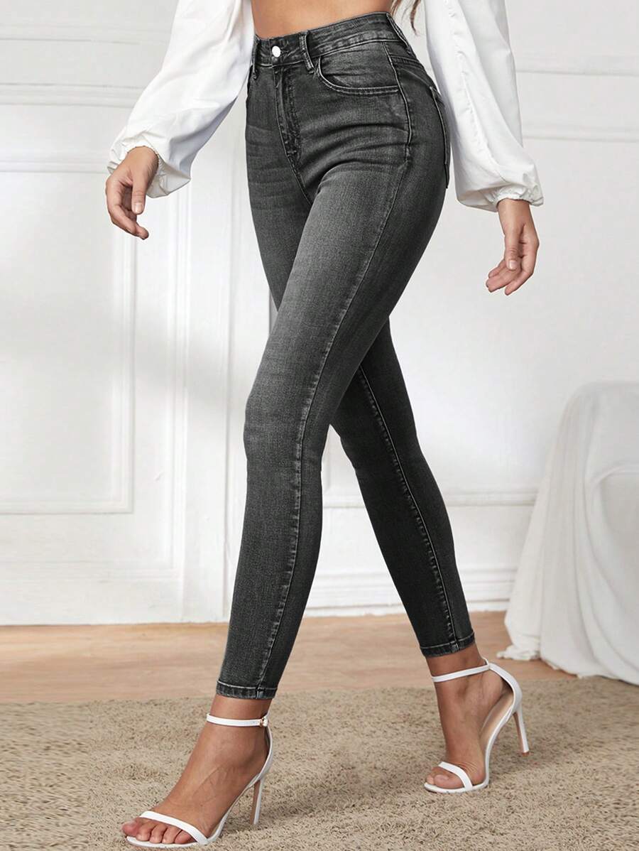 SHEIN Privé High Waisted Skinny Jeans With Washed Finish - Black - View 1