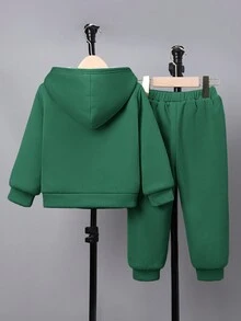 SHEIN Young Boys' Patch Hoodie With Thermal Lined And Pants Two Piece Set - Dark Green - View 2