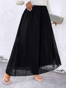 SHEIN LUNE 大尺寸純色寬腿網眼褲 - 黑色 - 查看 5