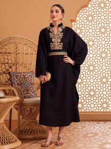 Al Najma Embroidered Patchwork Notched-Neck Batwing Sleeve Dress Kaftan Jalabiya Dress - Black - View 4