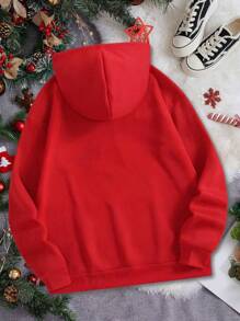 SHEIN EZwear 圣诞休闲简约圣诞老人印花图案连帽长袖宽松女士加厚卫衣秋冬 - 紅色 - 查看 2
