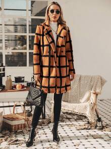 SHEIN Essnce Kẻ sọc Lông cừu Vòng cổ Áo khoác - Nhiều màu - Xem 6