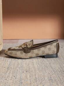 秋冬女士平底圆头刺绣时尚扣环乐福鞋 - 黑色 - 查看 5