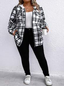 SHEIN LUNE Chaqueta Con Capucha Y Cordón Con Estampado De Cuadrícula De Talla Grande - Blanco y Negro - Ver 3