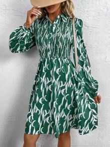 SHEIN LUNE All-Over Printed Shirred Lantern Sleeve Dress - Multicolor - View 5