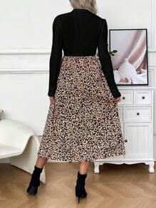 SHEIN Ensemble T-shirt De Maternité À Manches Longues Et Jupe À Imprimé Léopard À Taille Réglable