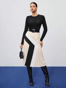 BizChic Color Patchwork Pleated Long Sleeve Dress - Multicolor - View 5