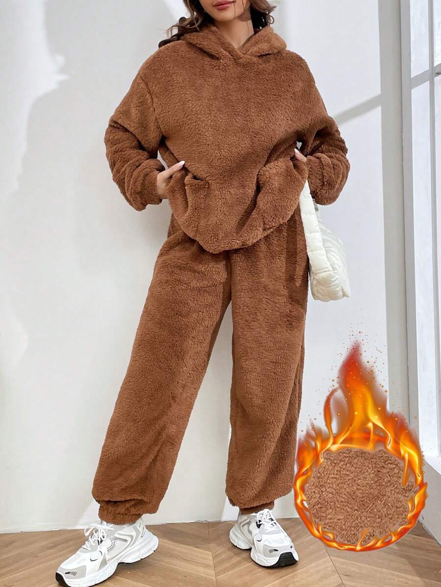 SHEIN EZwear 棕色毛茸茸女裝套裝 - 棕色 - 查看 1