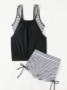Swim Lushoire Summer Beach Women's Striped Splicing Double Strap Tankini Set - Black and White - View 6