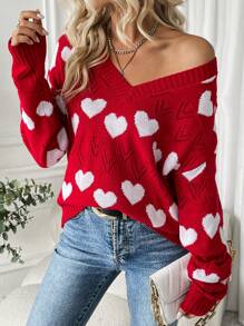 Chiquease Heart Pattern Drop Shoulder Sweater Knit Pullover Fall Winter Outfit - Red - View 5