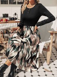 SHEIN Essnce Vestido De Manga Larga Con Cuello Redondo Y Estampado - Multicolor - Ver 3