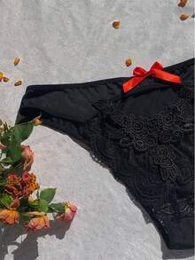 大尺碼蕾絲拼接蝴蝶結裝飾內褲 - 黑色 - 查看 5
