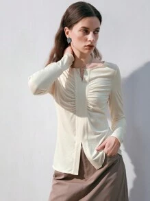 Anewsta Notched-neck Long Sleeve T-shirt