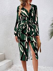 SHEIN Clasi 女式全印花腰帶單排釦連衣裙 - 彩色 - 查看 4