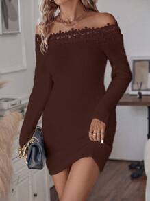 SHEIN Clasi 蕾絲接骨修身毛衣連衣裙 - 咖啡棕 - 查看 4
