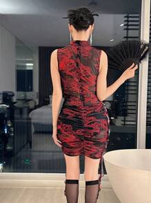 EastFlair Women's Dragon Print Chinese Style Dress With Ruffle Hem And Pleated Design - Red and Black - View 2