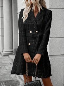 SHEIN Privé Elegant Turn-down Collar Woolen Dress - Black - View 3