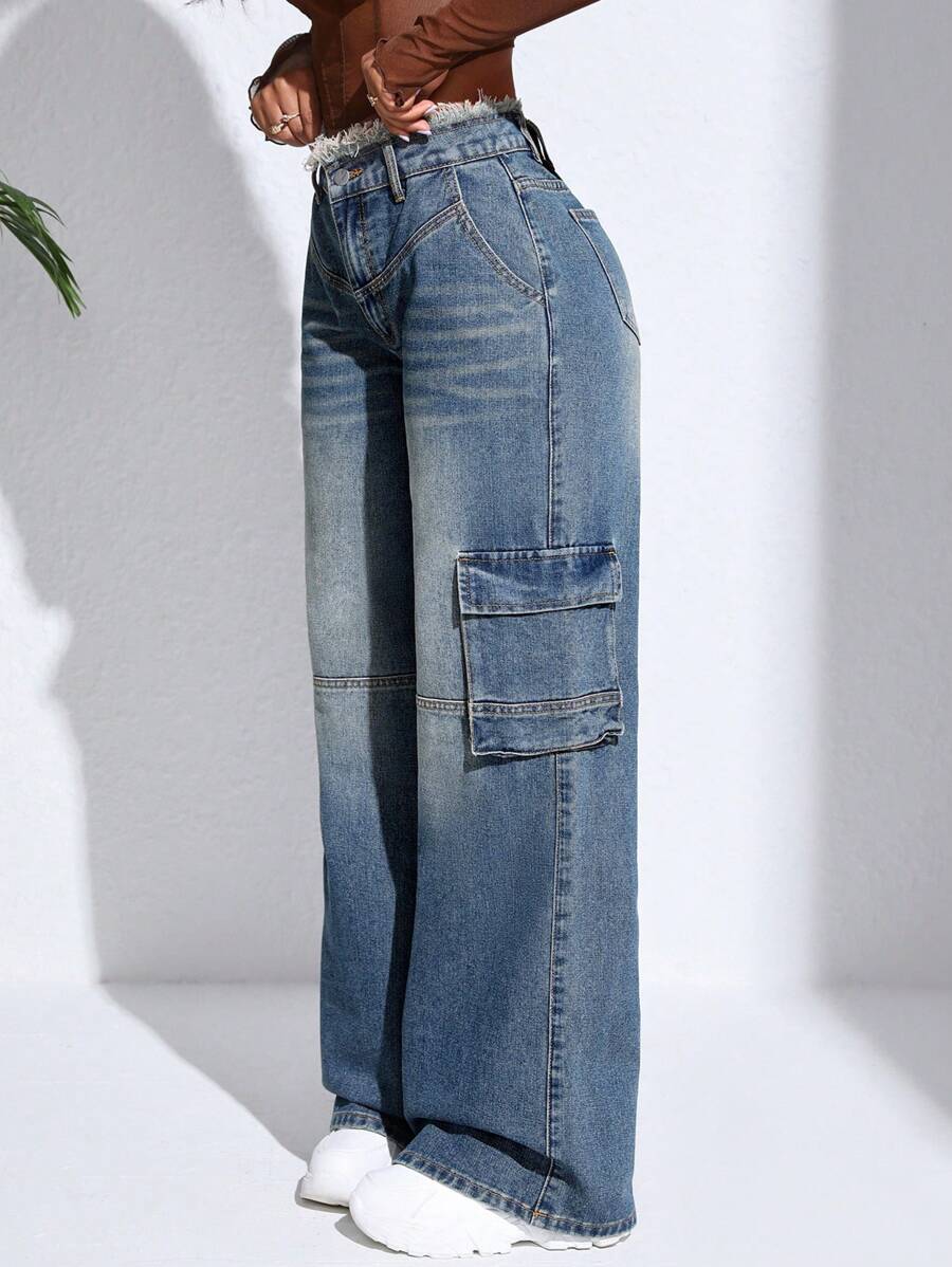 SHEIN Pantalones Cargo De Mezclilla Para Mujer Con Bolsillos - Lavado ligero - Ver 1