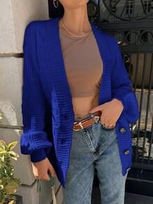 RueChic Xoắn Dan Nút Lên Áo len Mở - Xanh đậm - Xem 4