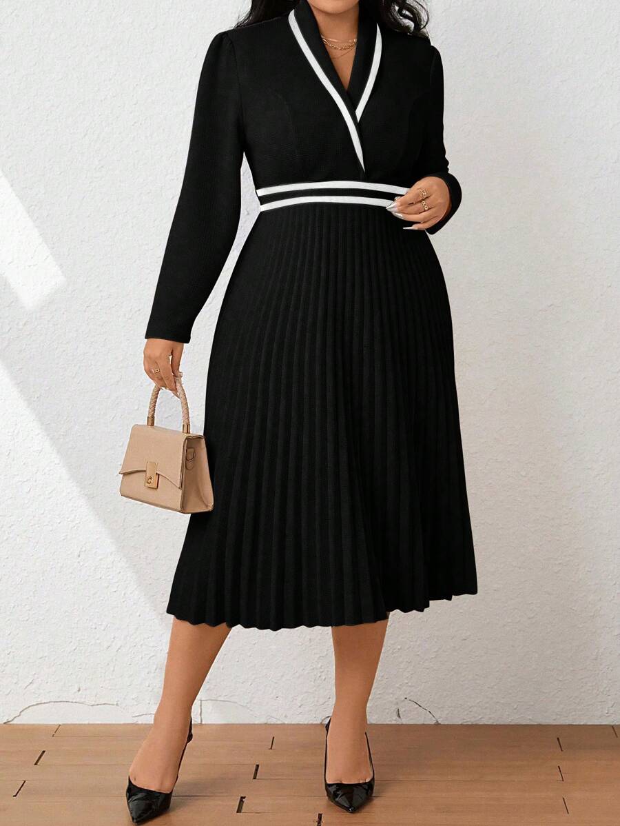 SHEIN Clasi Kích thước lớn Khối màu Với Edging Chi tiết Tay áo dài Xếp li Đầm - màu đen - Xem 1