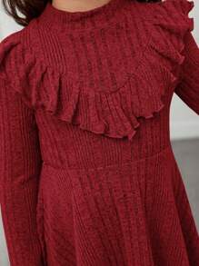 SHEIN Bé gái Giải trí Thoải mái Ruffle Cắt tỉa Đầm - Màu Đỏ Sâu - Xem 3